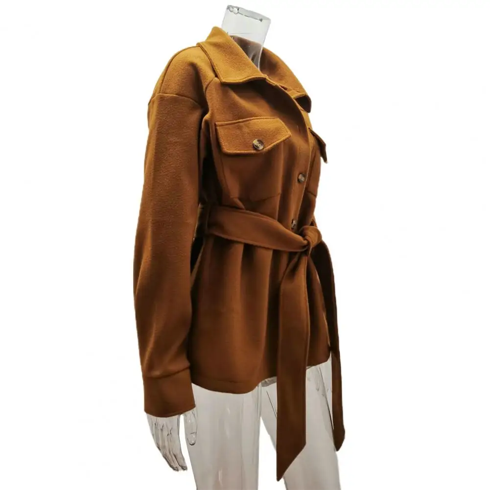 

Belted Women Coat Elegant Women's Winter Coat Belted Turn-down Collar Solid Color Slim Fit Stylish Jacket for Ladies with Breast