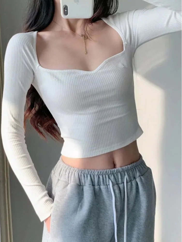 

Women Sweetheart Neckline Fit Rib Top Long Sleeve Crop T-shirt Y298