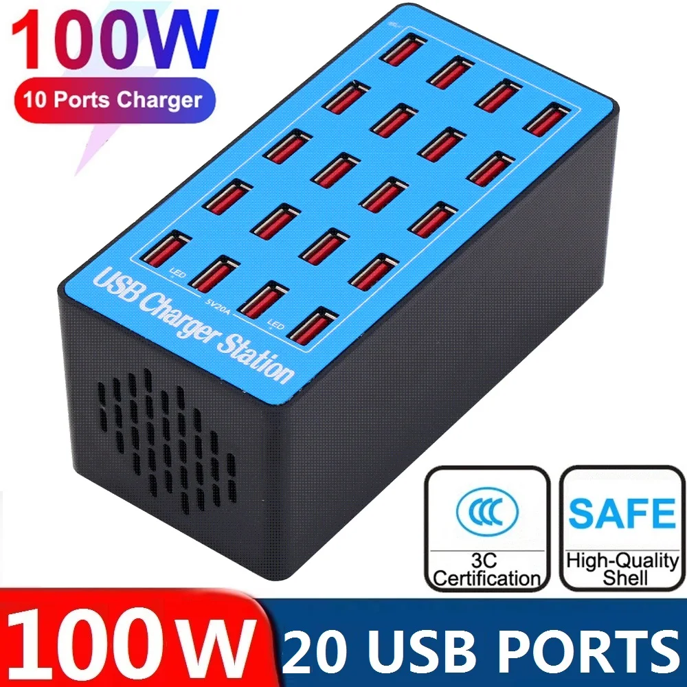 100W Multi 20 Ports USB Charger Fast Charger Phone Charge Multi USB HUB Charging Station Desktop Chargers for iPhone Samsung htc
