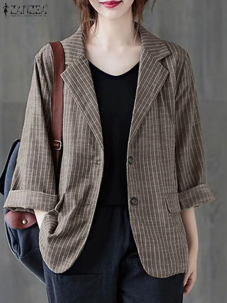Винтажный Блейзер ZANZEA в полоску женские модные костюмы офисном стиле осенняя