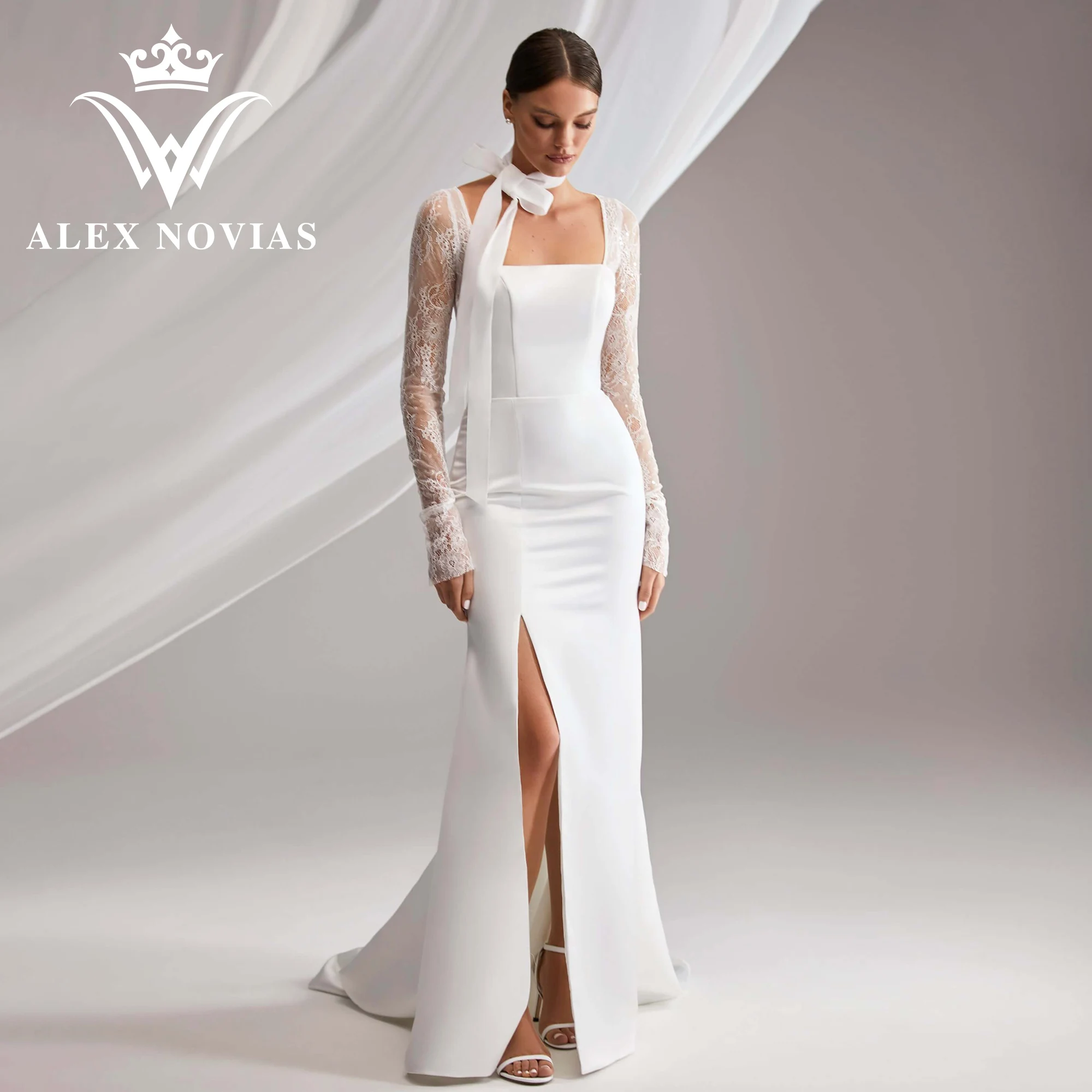 

Свадебное платье с юбкой-годе ALEX NOVIAS, атласное платье с длинным рукавом и квадратным вырезом, с разрезом на бедре, 2023