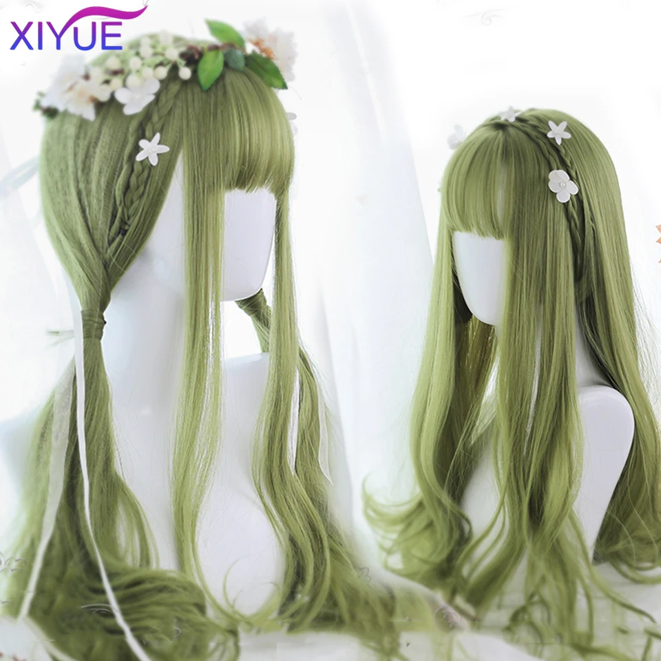 XIYUE Green Long Straight Synthetic Wigs for Women Natural Wave Wigs with Bangs Heat Resistant Cosplay Hair Halloween