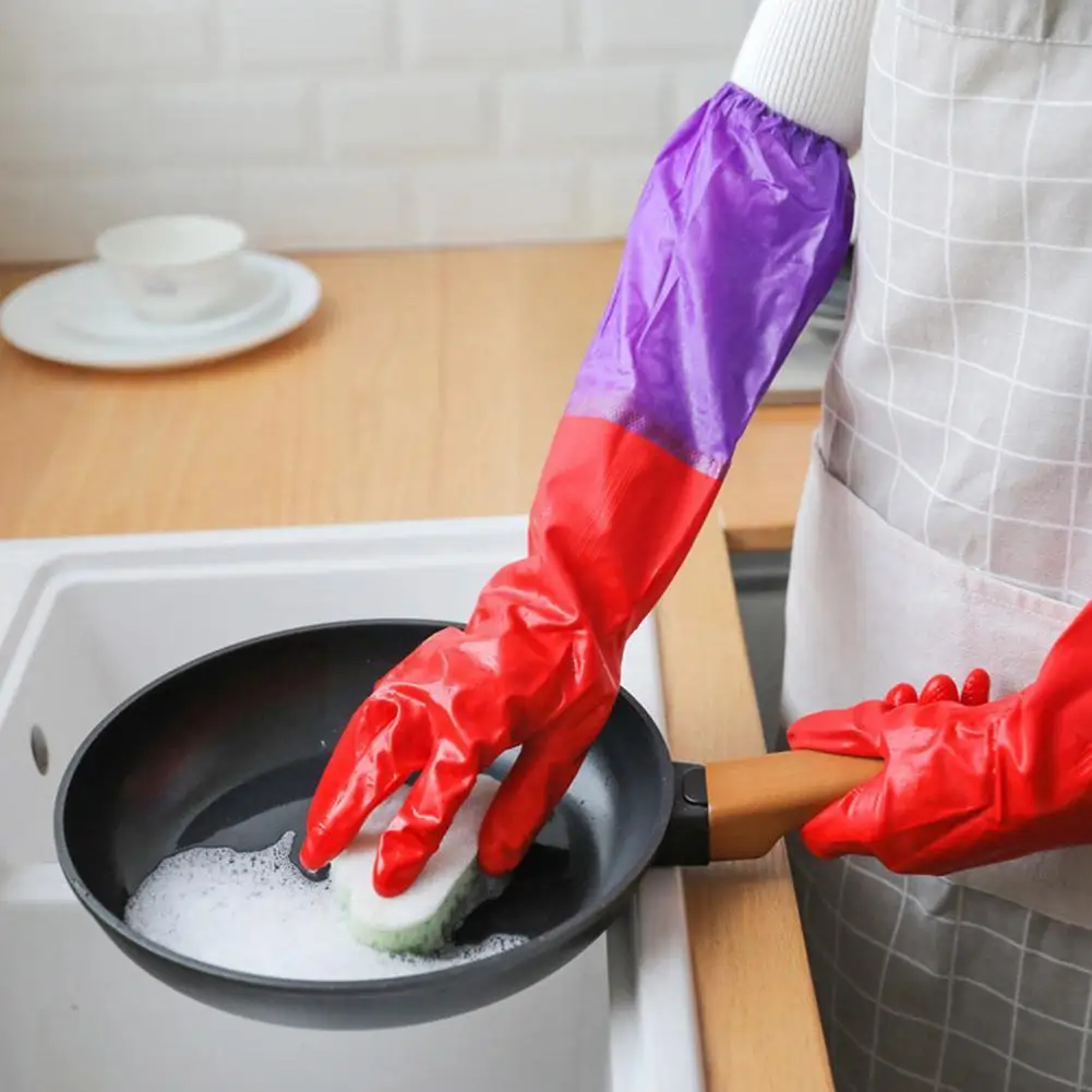 

1Pair Long Rubber Velvet Household Gloves Dishwashing Kitchen Rubber Scrubber Thicken Cleaning Antiskid Waterproof Warm Glo S4K6