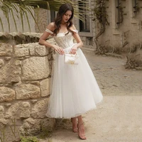 princess sweetheart tulle tea length wedding dress off the shoulder lace applique lace up country style bride vestidos de novia