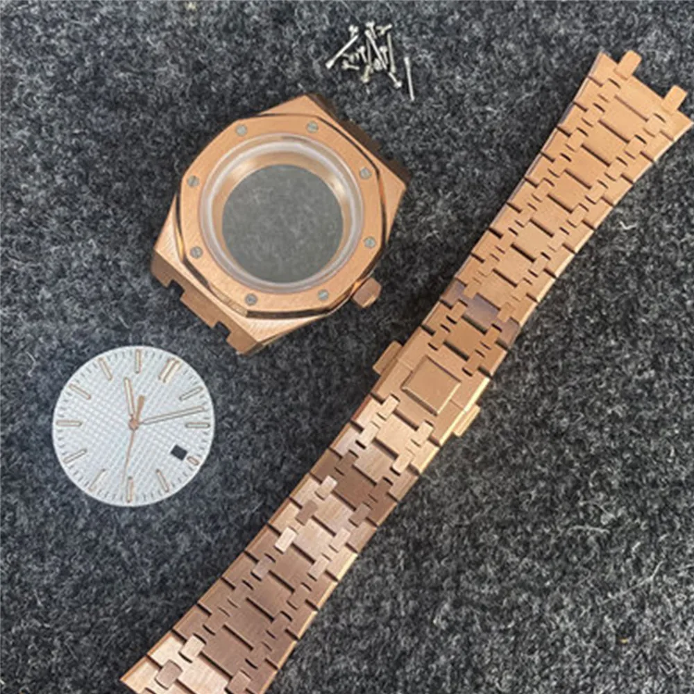 

41mm Modified Watch Case Strap PVD Electroplating Rose Gold Case Sapphire Mirror for NH35/NH36/4R36 Watch Movement