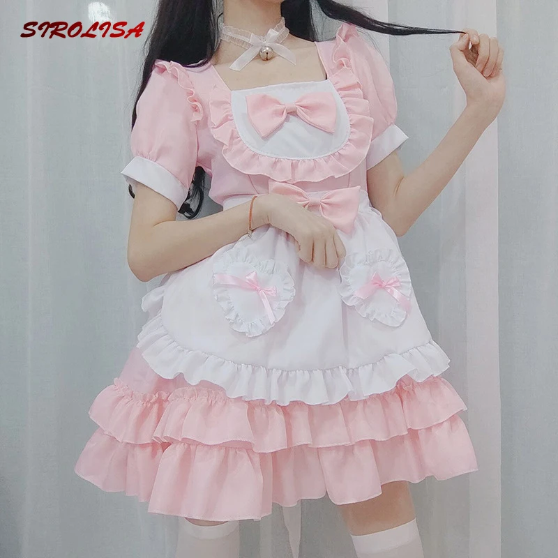 

SIROLISA Sweet Lolita Uniform Japanese Women Maid Dress Pink Anime Lovely Cosplay Costumes Bow Ruffle with Apron Kawaii Outfit