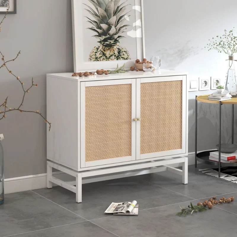 

Rattan Storage Cabinet with 2 Door,Accent Cabinet for Living Room - White
