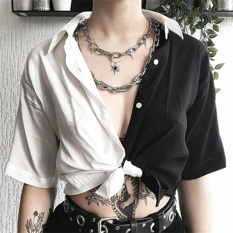 

2023 Spring And Summer New Women'S Wear Black And White Contrast Lapel Short Top T-Shirt Women Fashion Contrast Color Loose Shir