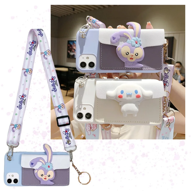 

Мультяшный креативный чехол для телефона Iphone с аниме куклами Cinnamoroll, милый Многофункциональный кошелек, кавайная Наклонная Сумка через пле...