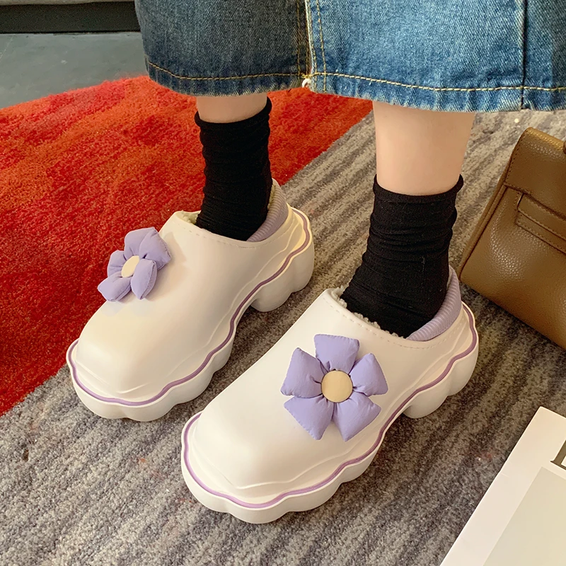

Тапки женские плюшевые, мягкие водонепроницаемые, на платформе, милые комнатные, с цветами, зимняя обувь, 2022