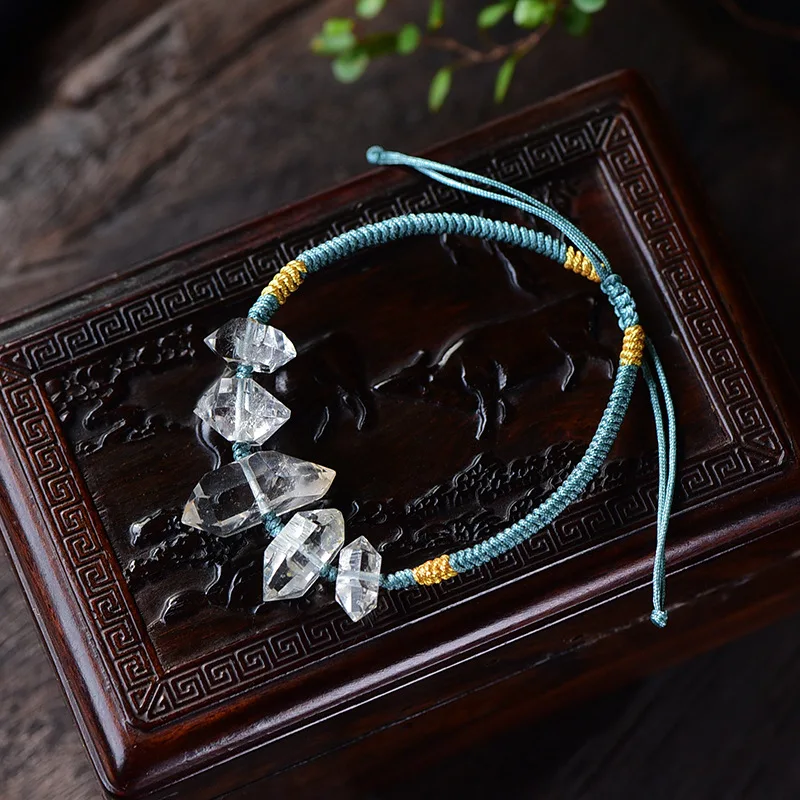 Natural Herkimer Double Pointed Raw Stone Crystal Bracelet for Women Men Crystal Sparkling Diamond  Bangles Lucky Jewelry Gifts