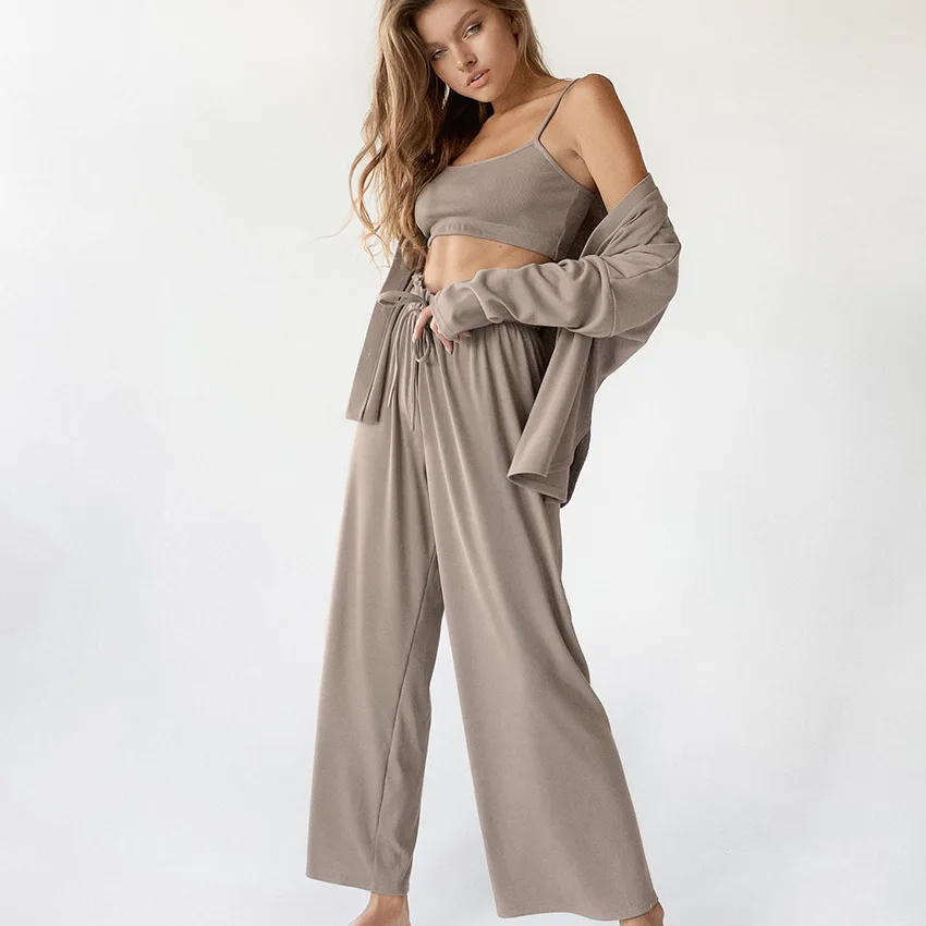 Autumn New Pajamas Vest Three-Piece Ice Silk Outer Wear Trousers Nightgown Fashion Women's Home Wear