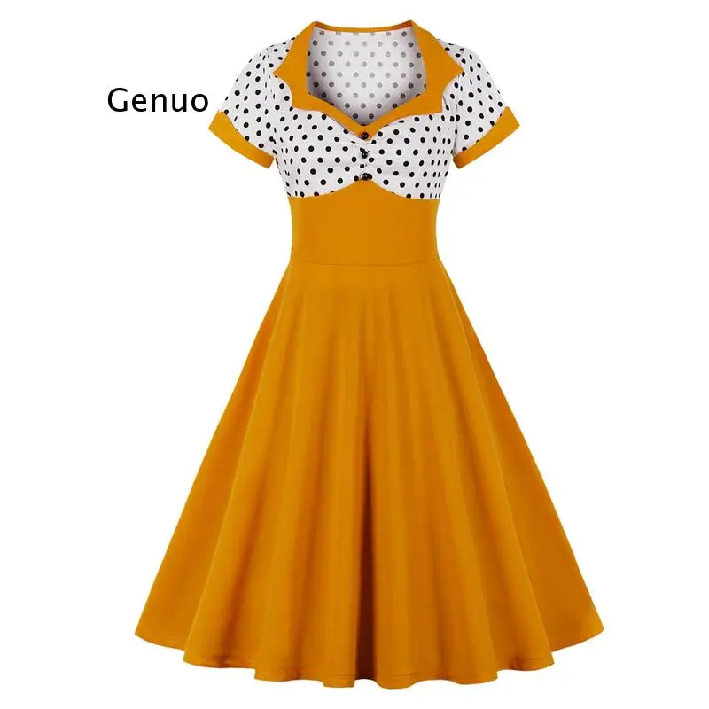 

Casual 50s Vintage Women Dress 4XL Ladies Yellow Black Polka Dot Print Robe Rockabilly Swing Party Vestidos