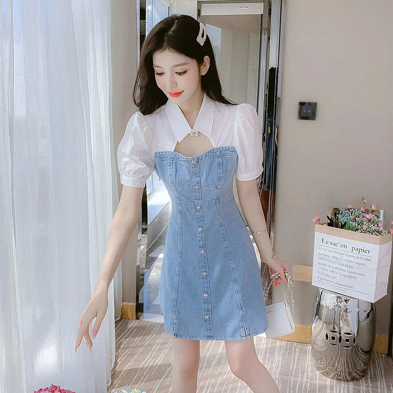 

Женское джинсовое платье с перфорацией, белое и синее платье составного кроя с коротким рукавом и пышными рукавами, лето 2022