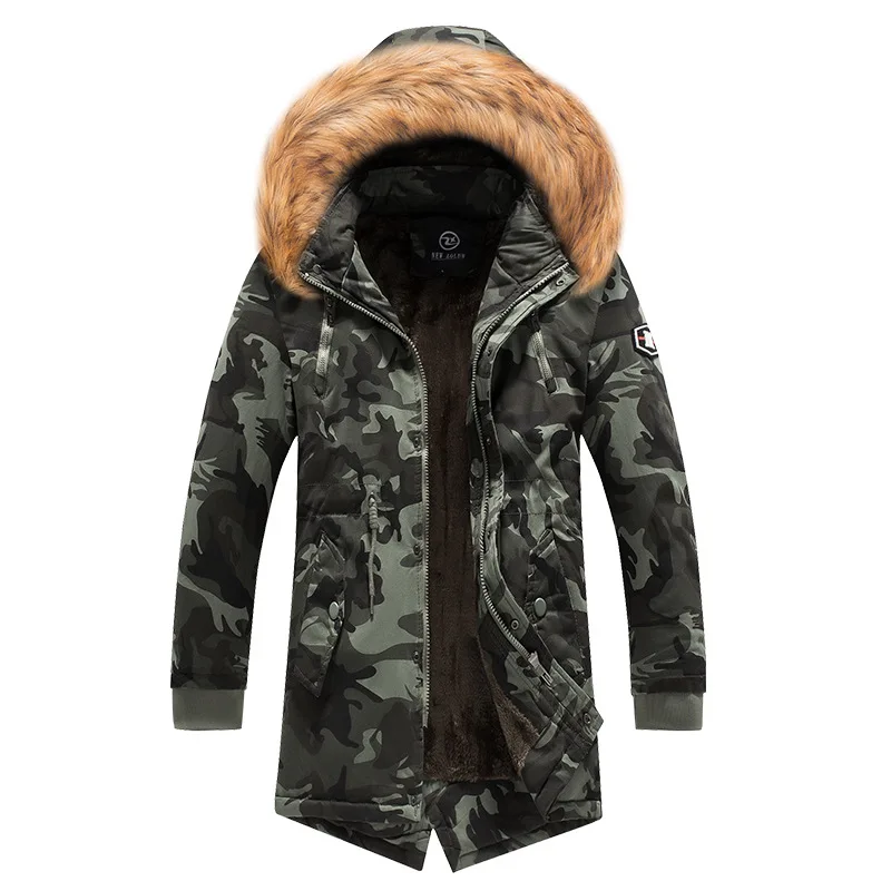 

New Mens Camo Parka Coat Camouflage Jacket Winter Hooded Velvet Thick Windproof Coat Men Warm Male's Medium-long Military Parkas