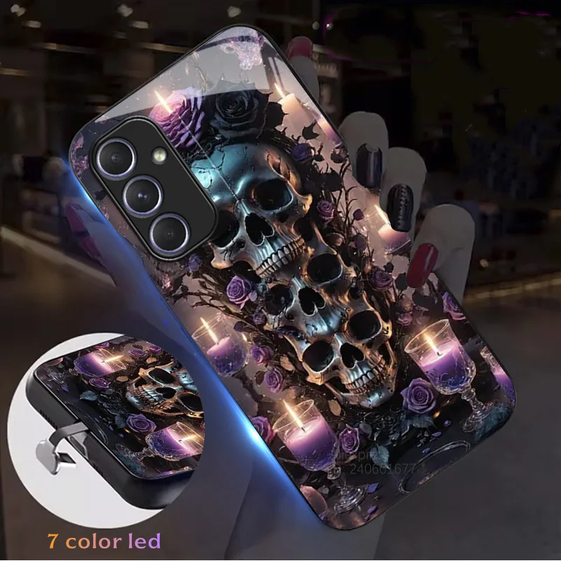 Фото Чехол с вспышкой Green Art Skull для Samsung Galaxy S25 Ultra S24 Plus S23 S22 S21 S20 FE A17 A16 A55 A54 Светодиодная противоударная задняя крышка №2
