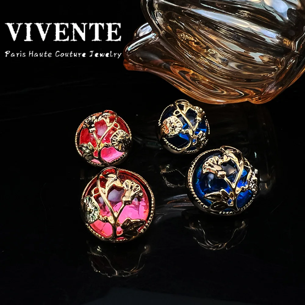 

New Women's Earrings: Antique Embossed Earrings with Embossed Circles, Light Luxury Earrings, Retro Red Blue Glass Earrings