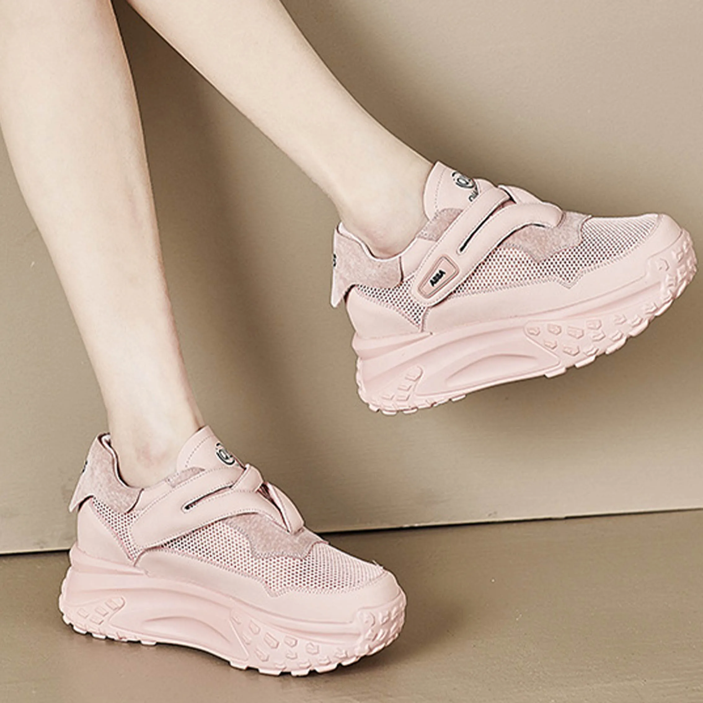 2023 Hook&Loop Mesh New Genuine Leather Comfy High Brand Breathable Shoes Chunky Sneaker Summer Platform Women Wedge Shoes