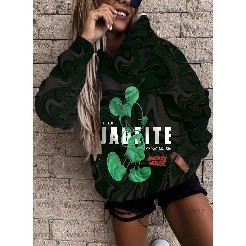 

Autumn And Winter Jade Mickey Print Elegant Fashion Sweater Ladies 5xl Loose Casual Full Matching Head Hoodie Sweater