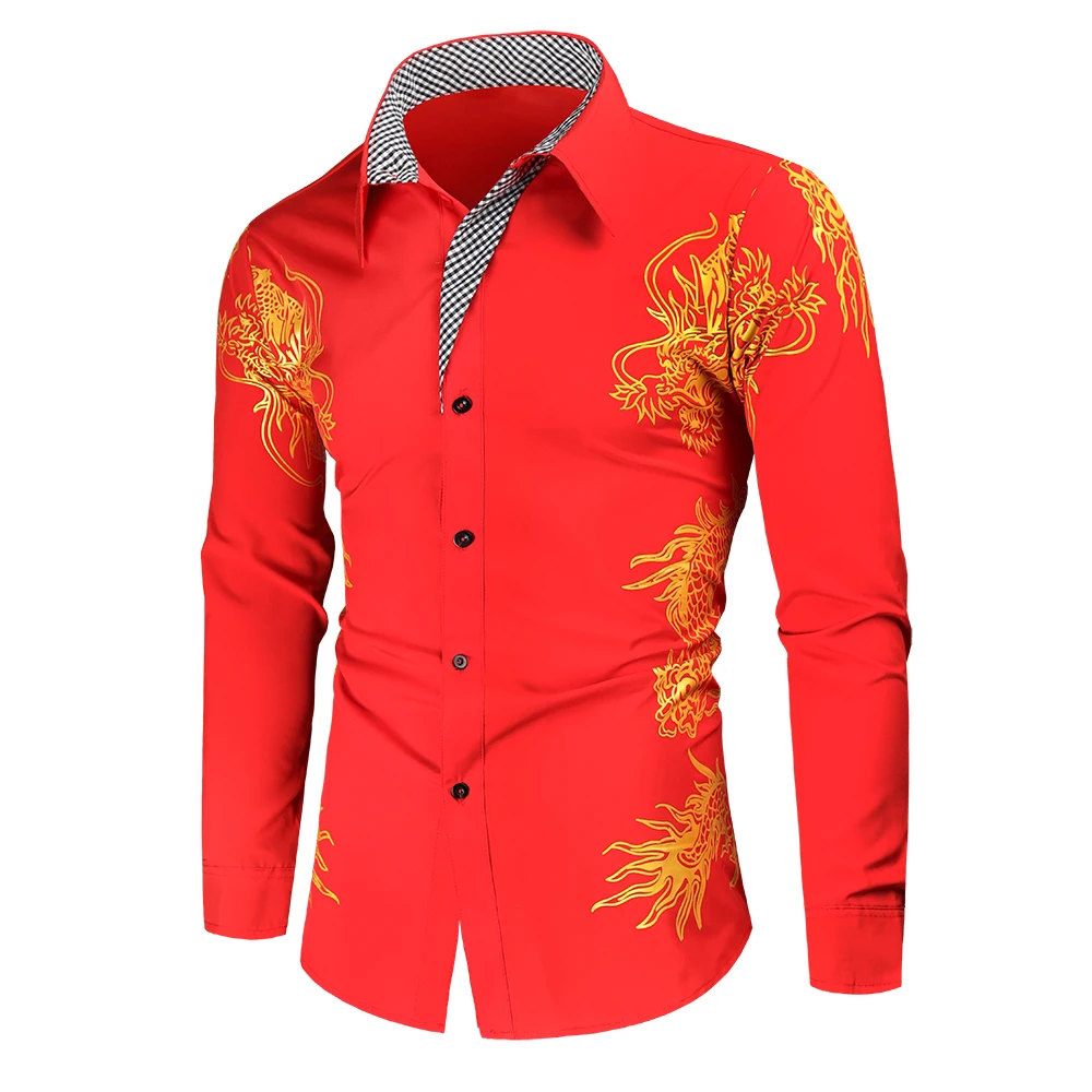 Bababuy Men's Long Sleeve Bronzing Printed Shirts Casual Slim Fit Royal Paisley Shirt Dragon Printed Shirt
