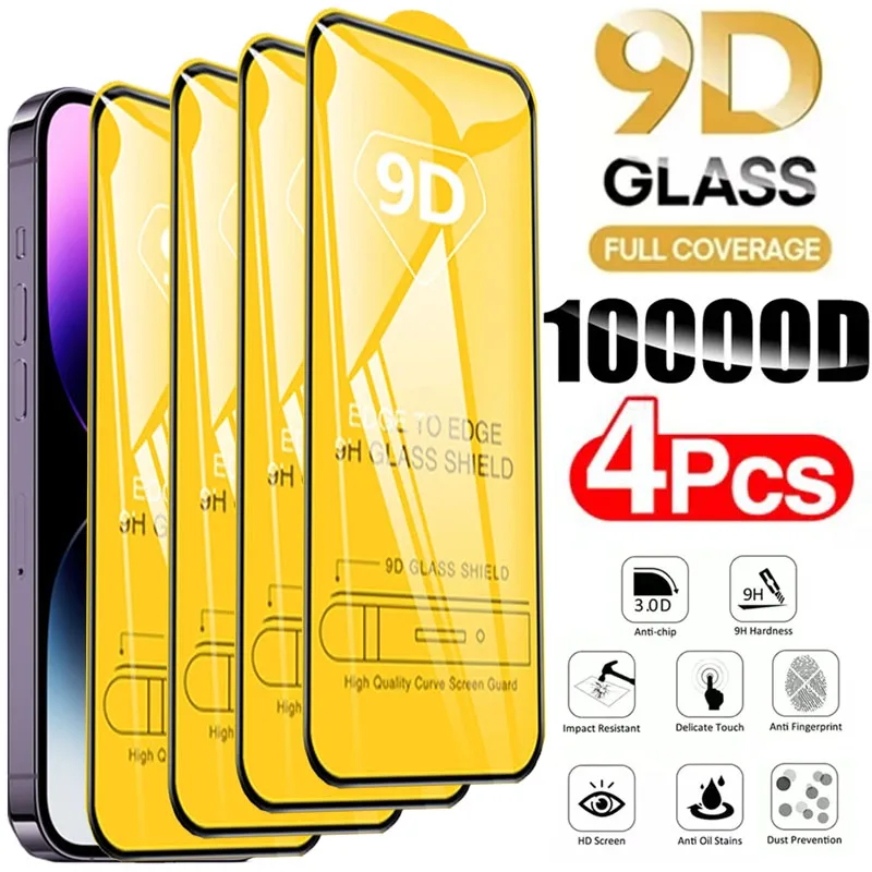 

4PCS 9D Screen Protector Tempered Glass for IPhone 14 13 12 11 Pro Max Protective Glass for IPhone X XR XS Max 7 8 6S 14 Plus