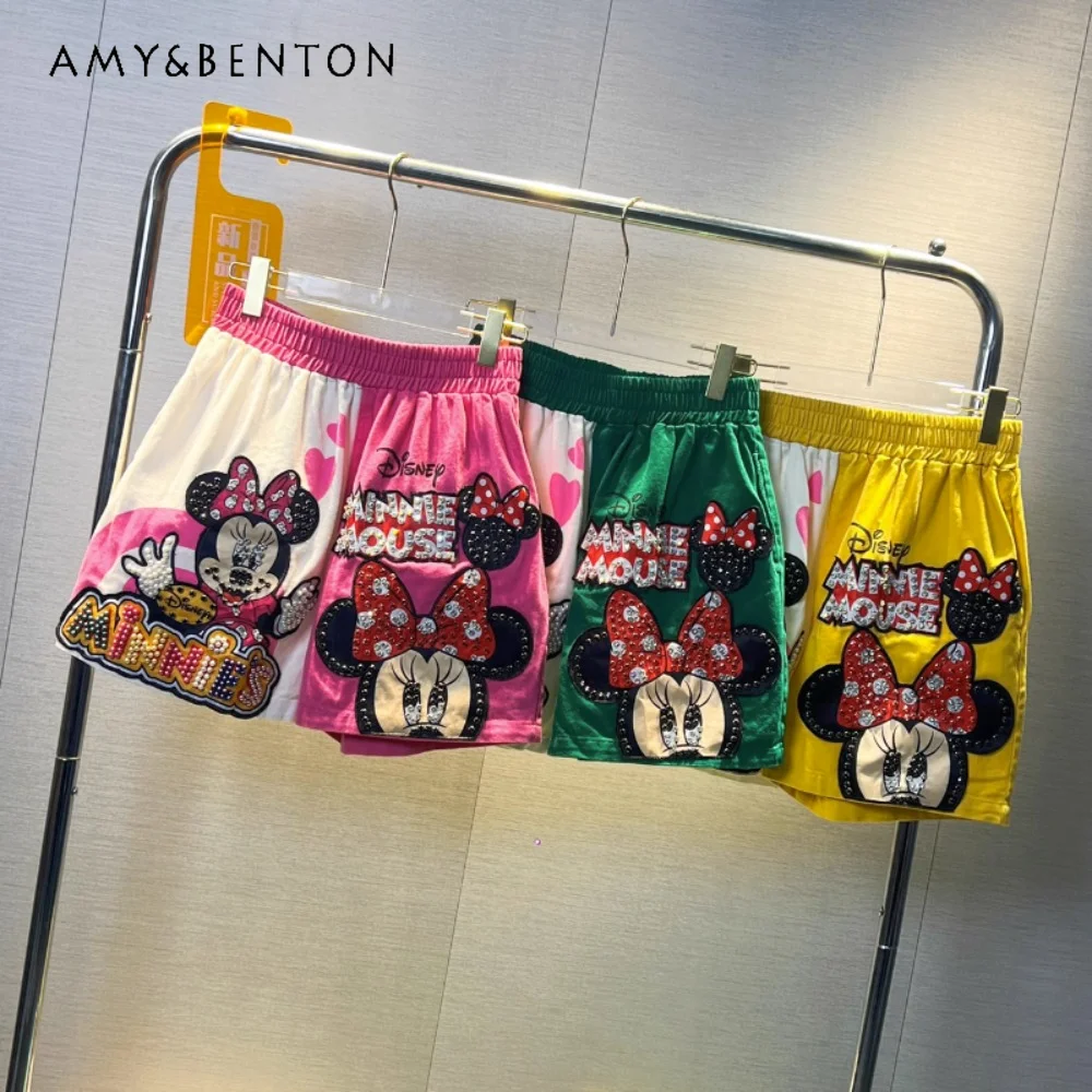 European Style 2023 Summer Fashion Heavy Industry Cartoon Beaded High Waist Shorts Women's Loose Slimming Wide Leg Short Pants