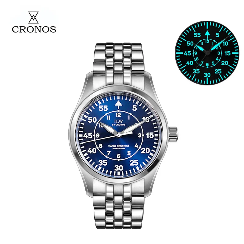 Фото Мужские часы Cronos Pilot Flieger 39 мм, кварцевые, механизм VH31, нержавеющая сталь, водонепроницаемость 100 м, суперлюминофор, куполообразное сапфировое стекло, модель L6057M. №5