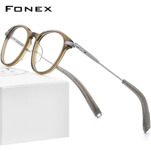 FONEX Acetate Titanium Glasses Frame Men 2022 New Retro Vintage Round Prescription Eyeglasses Optica