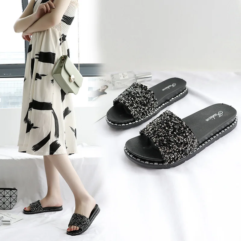 Women's Summer Sandals Outer Wear Fashion Sequin Thick Sole Beach Women's Shoes Designer Sandals Slides Women Ladies Shoes