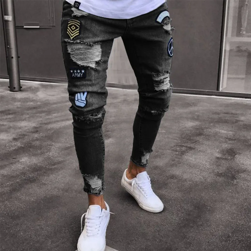 Men's Jeans Stretchy Ripped Skinny Biker Embroidery Cartoon Print Jeans Fashion Personality High Quality Jean Y2K Homme