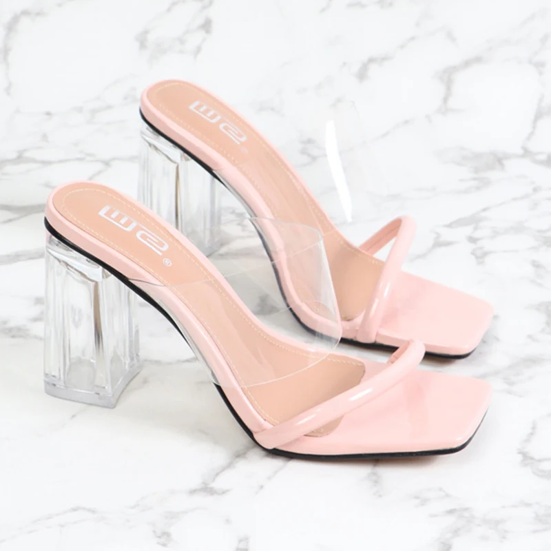 Summer Women's Sandals High Heels Sexy Leopard Print Square Toe Transparent Heeled Pumps Party Heeled Women Sandals