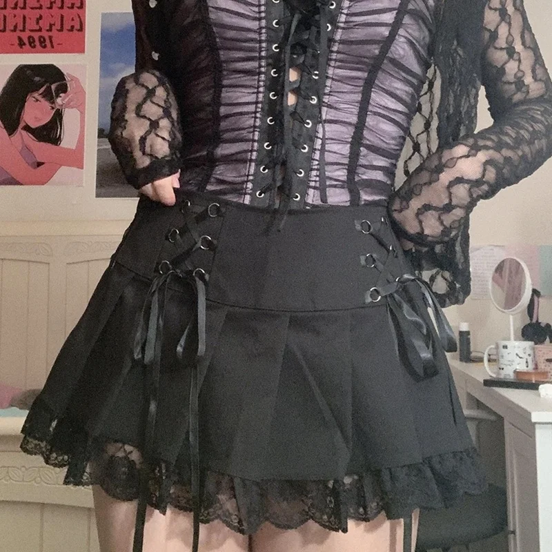 

Dark Academia Pleated Skirt Lace Trim Bandage Low Waist Mini Skirt Gothic Mall Goth Vintage Clothes