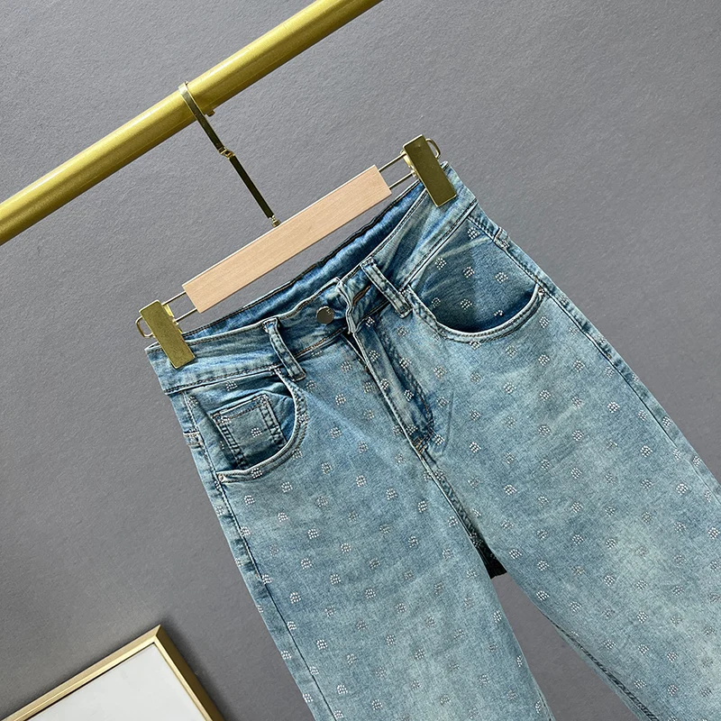 Cropped Jeans Women's Thin 2023 New Summer High Waist Loose And Slimming European Station Hot Rhinestone Short Harem Baggy Pants