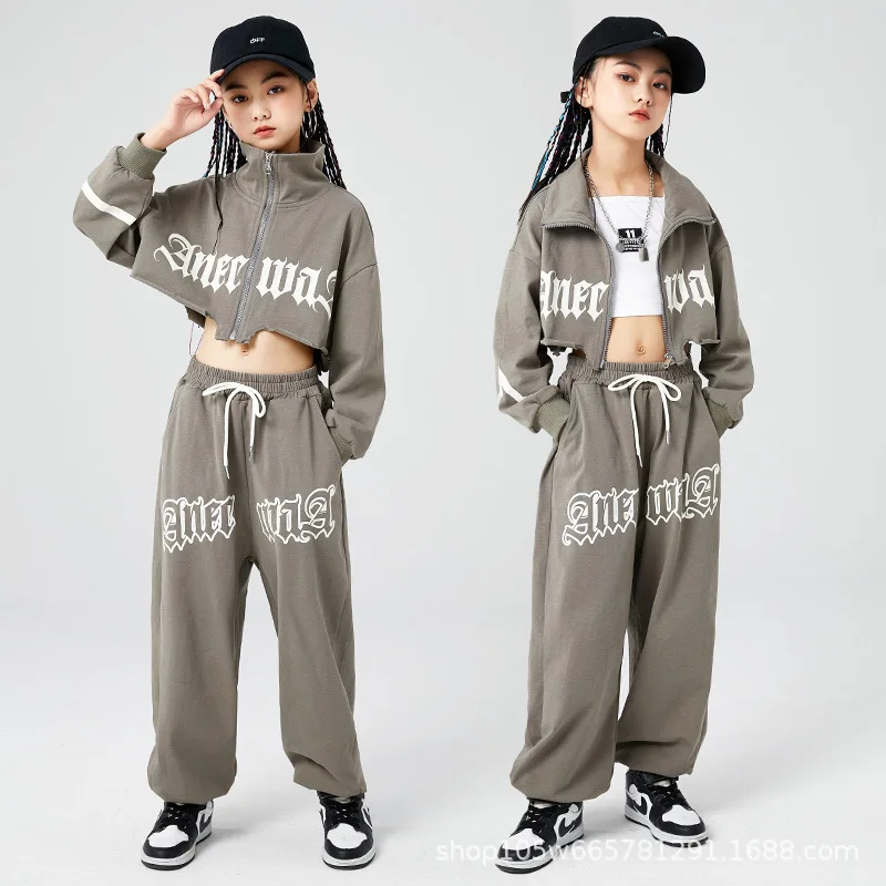 

Kids Jazz Costume Girls Hip Hop Clothes Grey Long Sleeves Short Jacket Pants Ballroom Dance Practice Performance Outfit
