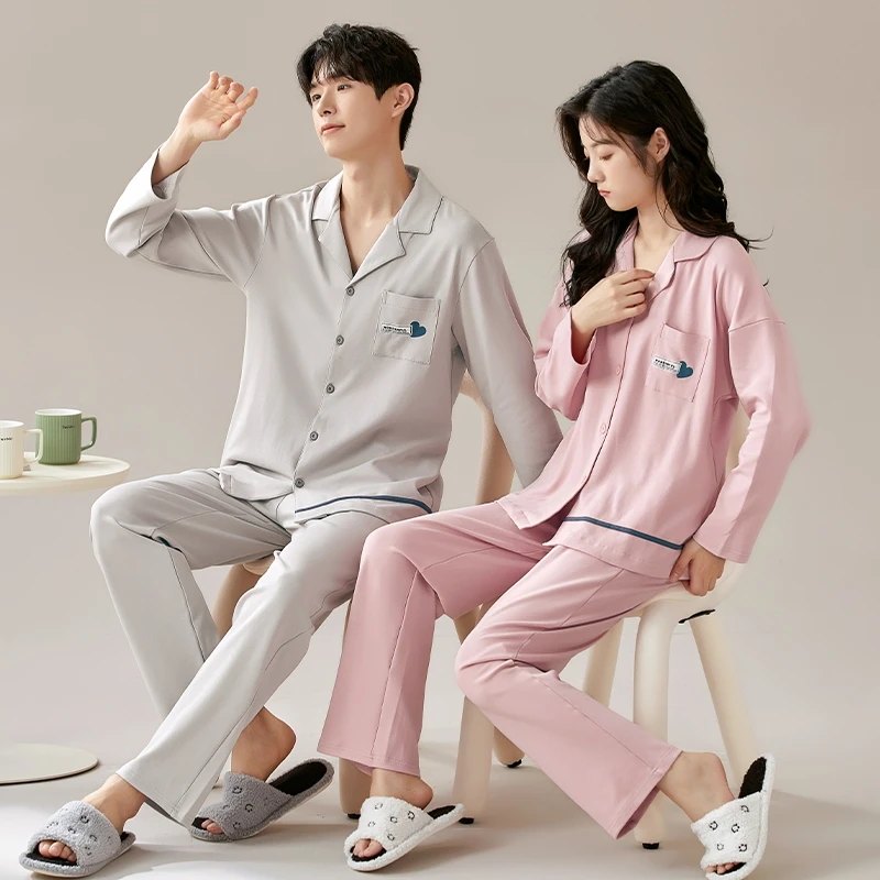 Пижамный комплект для пар хлопковая однотонная одежда отдыха с длинным рукавом