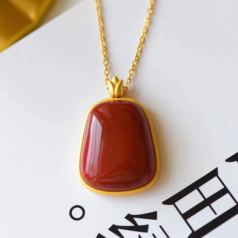 

Ancient French Gold Craft Rectangular South Red Tourmaline Necklace Ladies Pendant Exquisite and Elegant Silver Jewelry