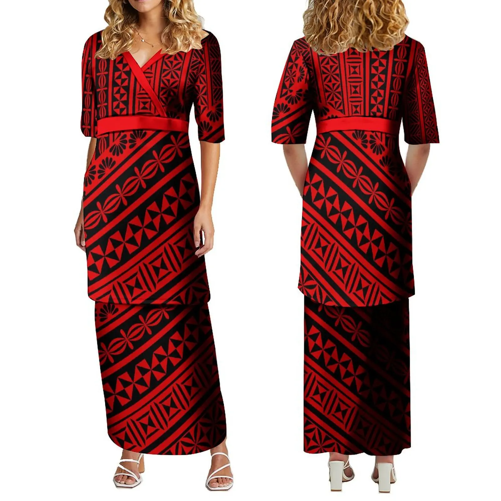 Женское длинное платье с V-образным вырезом в полинезийском стиле
