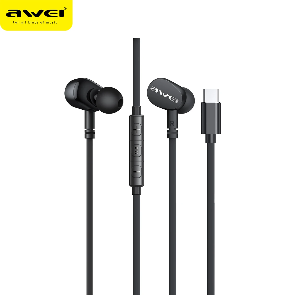 

Awei TC-7 Wired Earphone In-ear Type-C Headset For Phone Stereo USB C Plug Bass Sport Earbuds With Microphone Control 1.2m