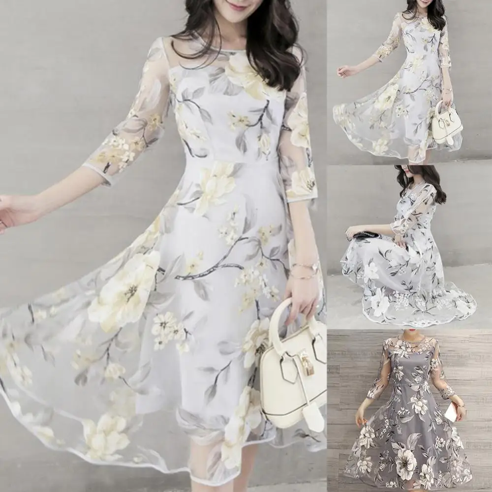 

O Neck Midi Dress Women Dress Summer 3/4 Mesh Sleeve Floral Print Large Swing Double Layer Dresses Woman 2021