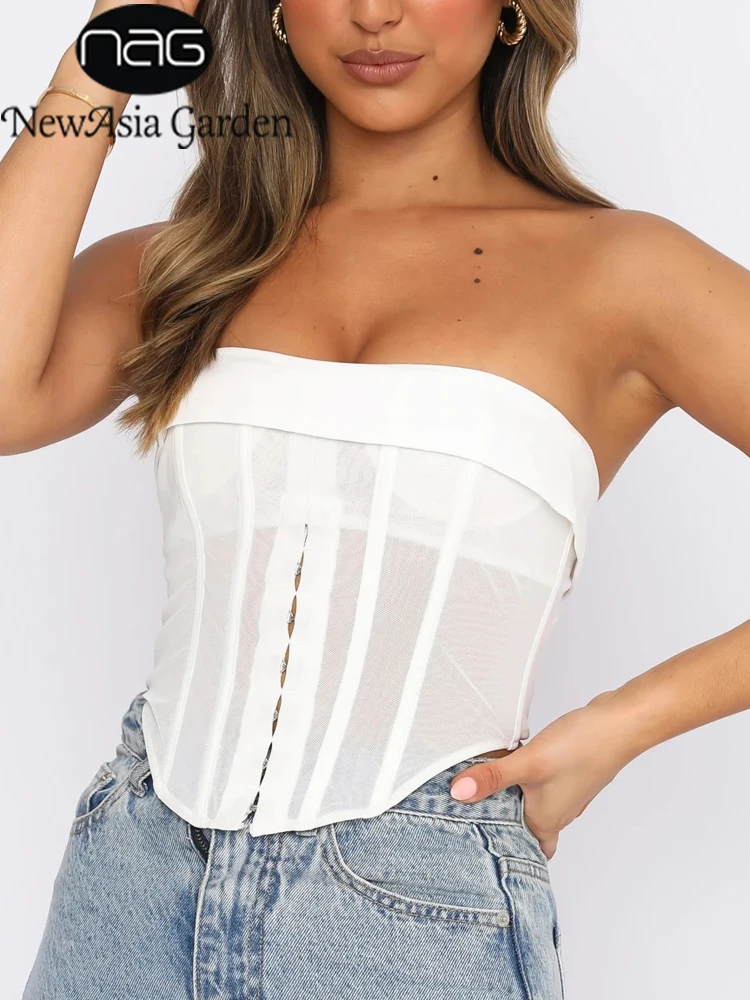 

NewAsia Off Shoulder Mesh Bustier Sheer Buttons Strapless Boned Anti-slip Cropped Corset Top Summer Women Basic Club Tube Tops