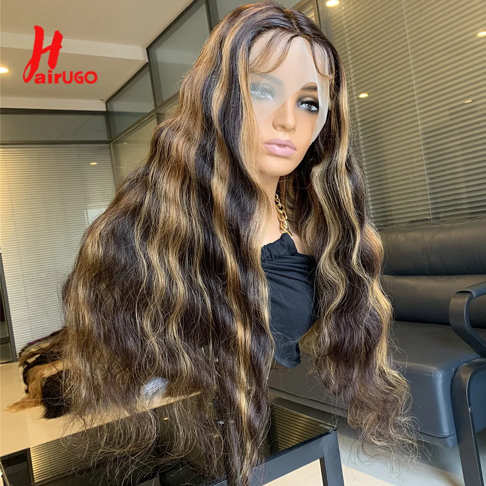 HairUGo Highlight Body Wave Lace Front Wig With Baby Hair Brazilian Remy P4/27 13x4 Lace Front Human Hair Wigs Pre Plucked