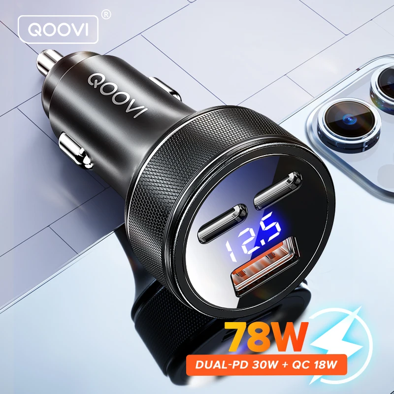 

QOOVI 78W 3-Ports Car Charger PD USB Type C QC3.0 Phone Charger Fast Charging For iPhone 14 Xiaomi Samsung iPad Laptops Tablets