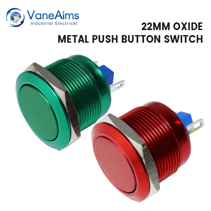 

22mm Mini Electric Switch VaneAims Self Reset Red Blue Black Green Yellow Oxidation Metal Momentary Flat Head Push Button Switch