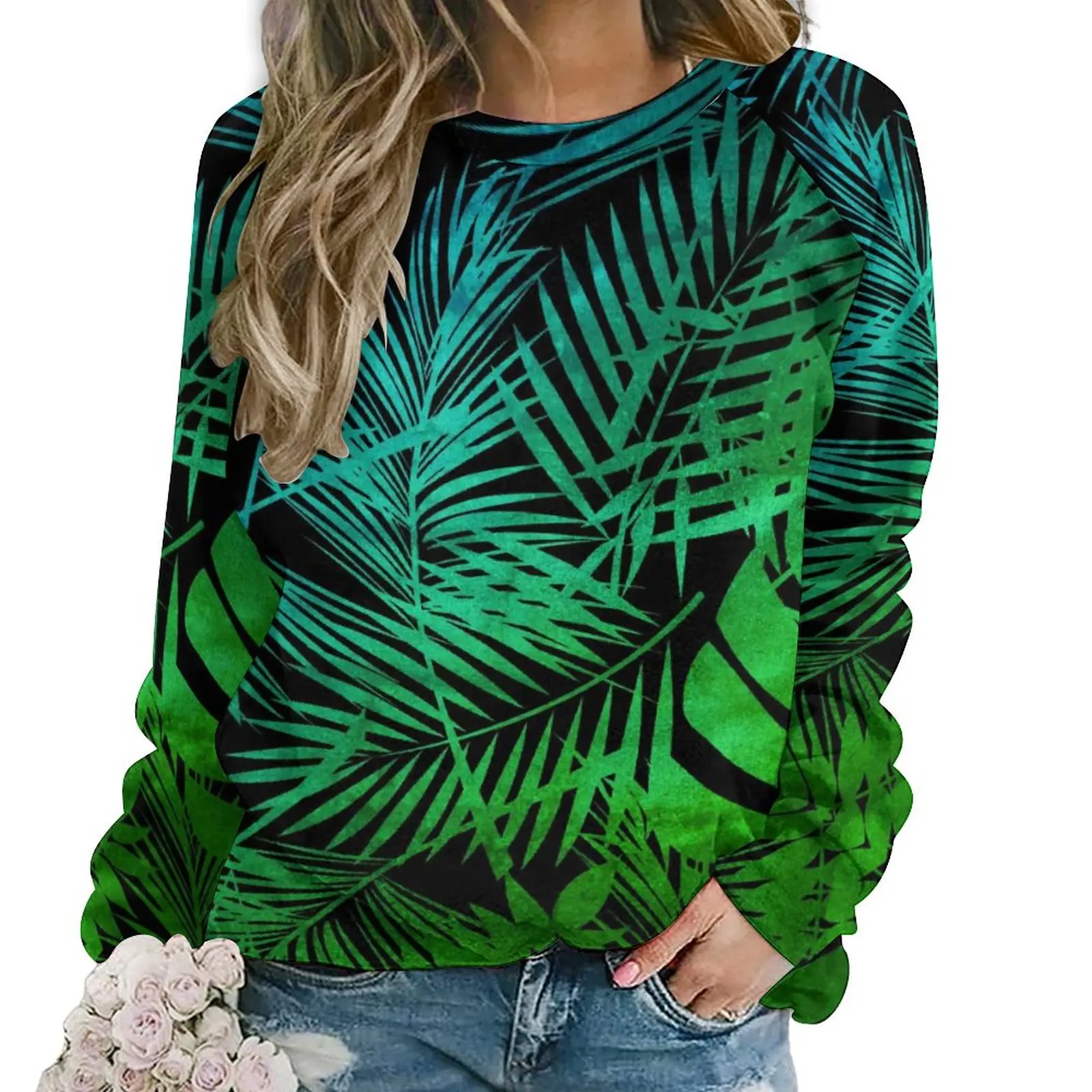 

Palm Leaf Print Hoodies Female Long Sleeve Green Ombre Tropical Cool Casual Hoodie Hot Sale Autumn Classic Oversize Sweatshirts