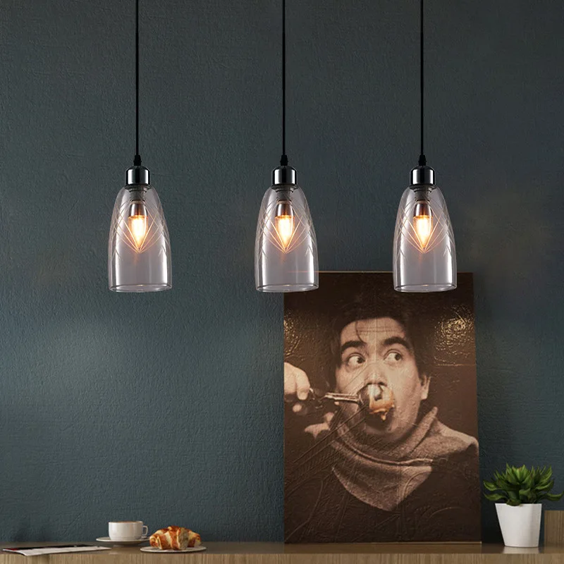 

Скандинавский стеклянный подвесной мини-светильник из резьбового стекла, хромированные металлические подвесные светильники для кухонного островка, бара для завтрака, осветительные приборы