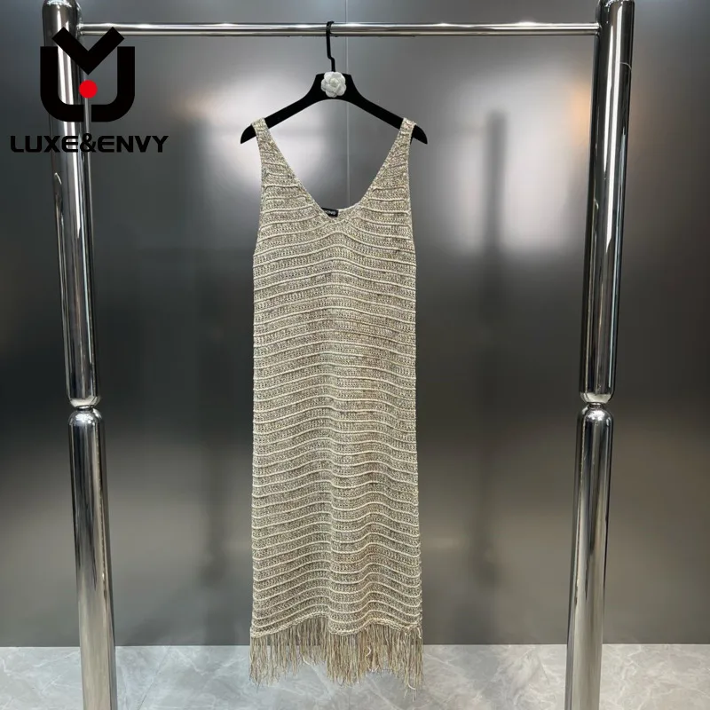 

LUXE&ENVY LUXE&ENVY Patchwork Tassel Dress Casual Loose Sleeveless V Neck 2023 Summer New Contrasting Colors Dresses Women