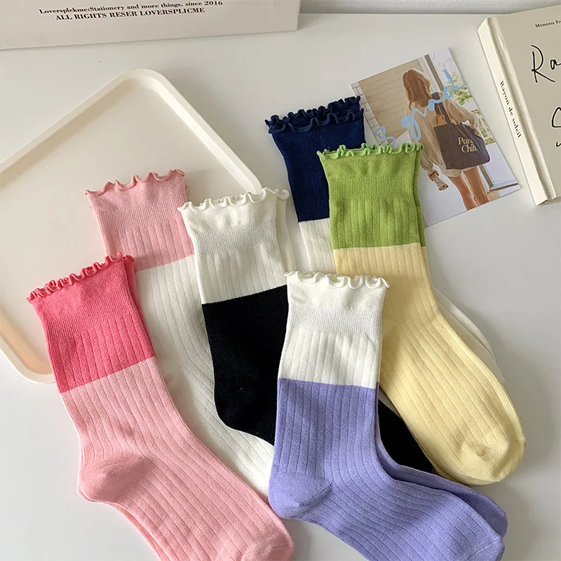 2 Pairs Of Girls' Mid-tube Socks Summer Thin Breathable Solid Cotton Ladies Cream Style Patchwork