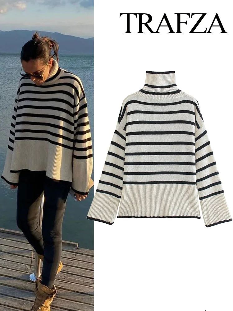 

TRAFZA Summer Casual Sweater Women Trendy Black And White Striped Turtleneck Long Sleeve Side Slit Female Fashion Loose Pullover