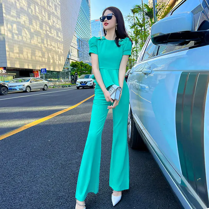 

Women 2022 Summer New Two Piece Sets Female Fashion Irregular O-neck Solid Tops Ladies High Waist Flared Pants Suits W150