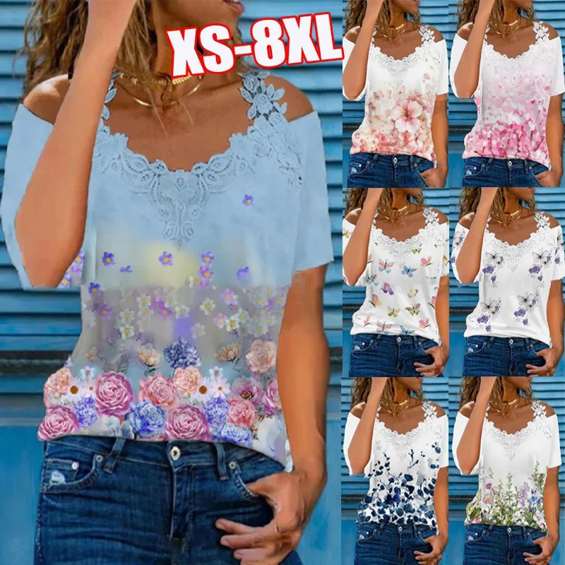 Women Fashion Casual Blouses Floral Printing Lace Stitching Cold Shoulder Short Sleeves Summer Tops